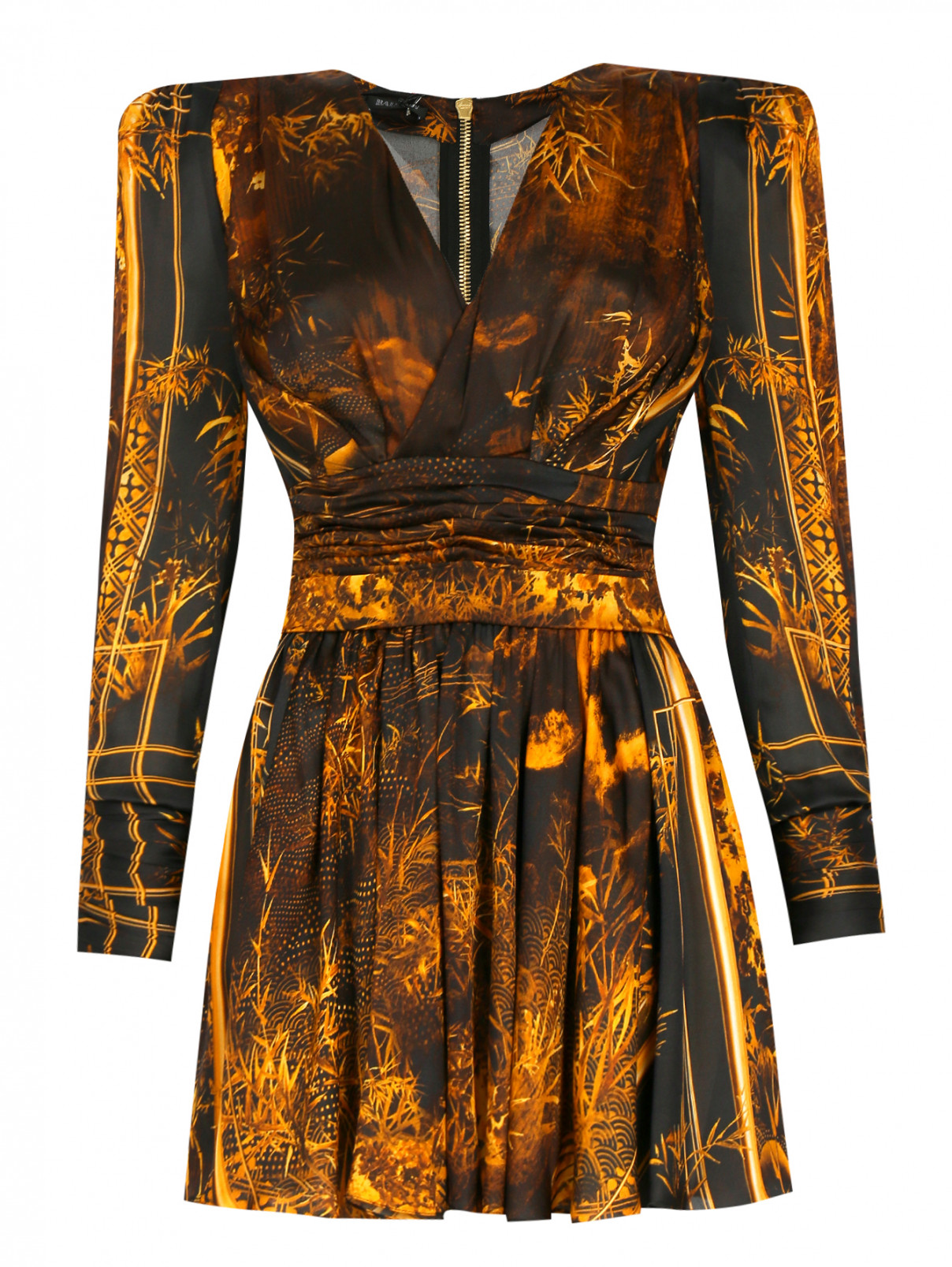 Платье-мини с узором и драпировкой BALMAIN  –  Общий вид  – Цвет:  Коричневый