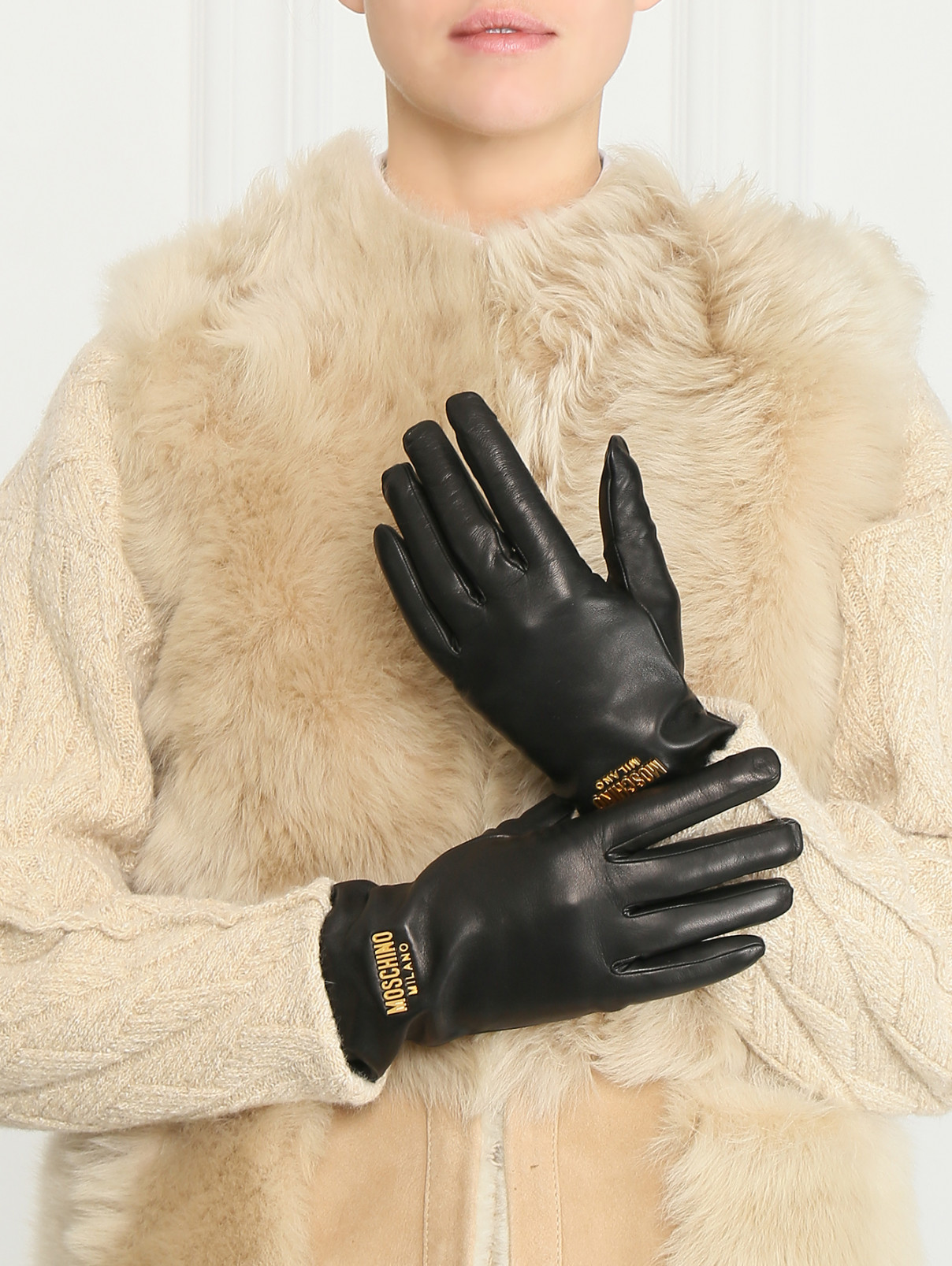 Перчатки из гладкой кожи с логотипом Moschino  –  МодельОбщийВид  – Цвет:  Черный