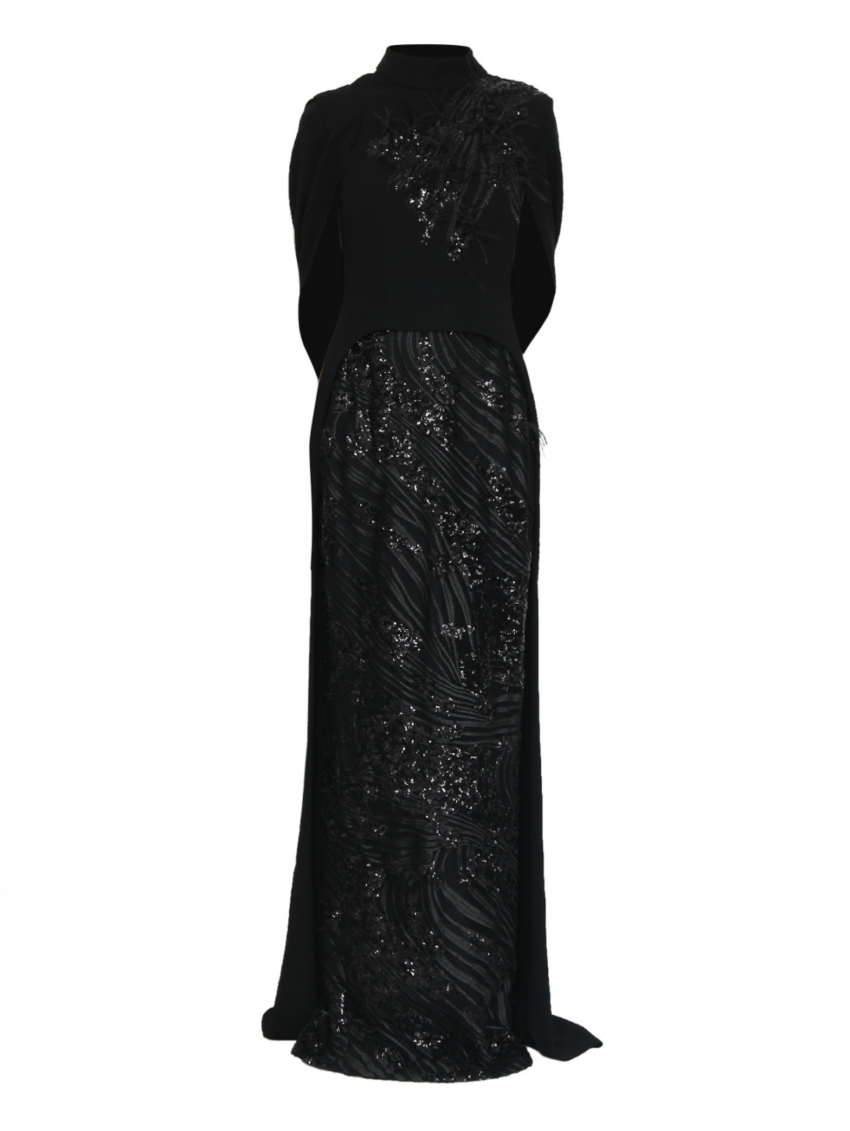 платье-макси из сетки с вышивкой пайетками и перьями Gaby Charbachi  –  Общий вид  – Цвет:  Черный