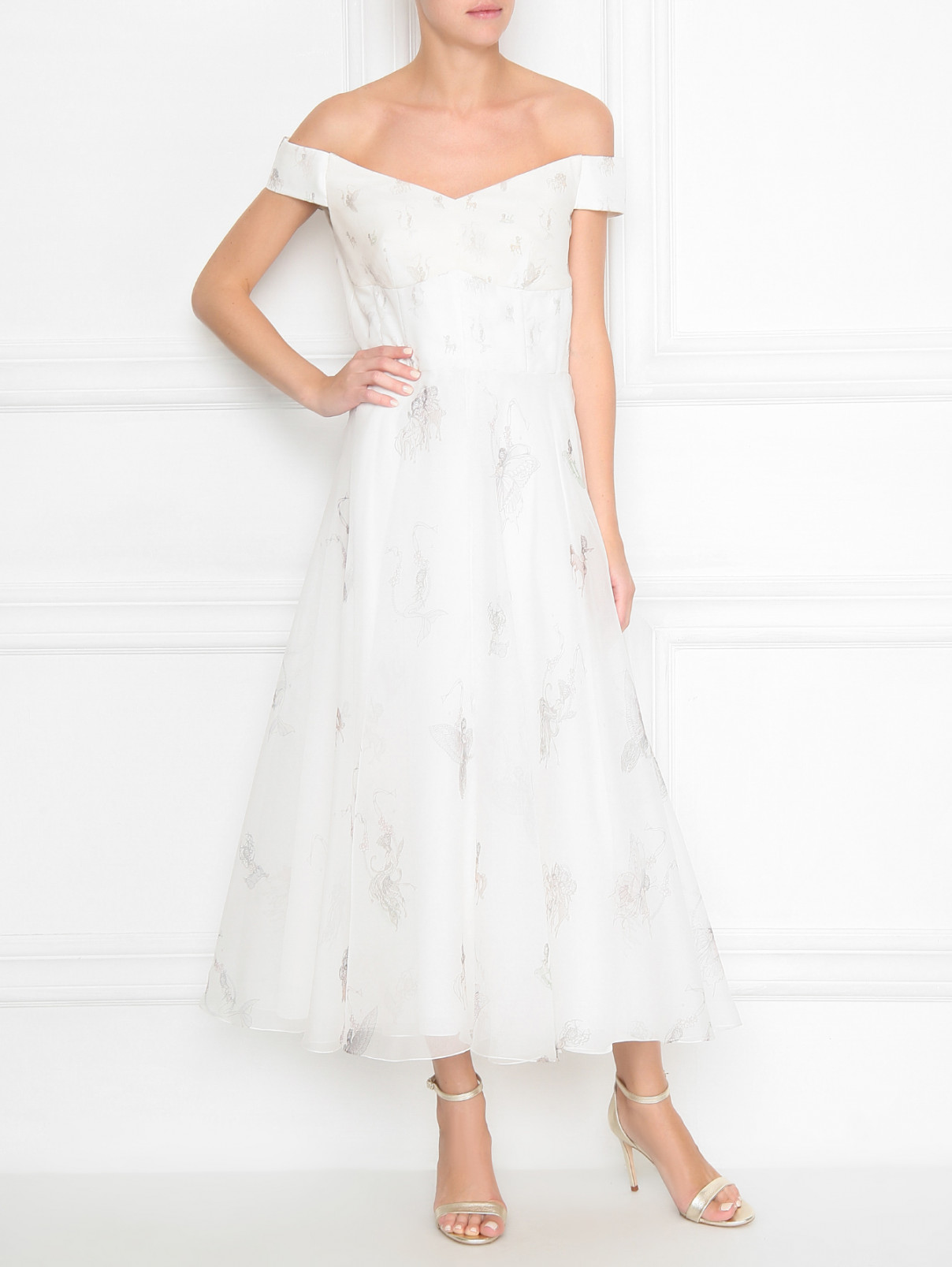 Платье-миди из шелка с узором Руж  –  МодельОбщийВид  – Цвет:  Белый