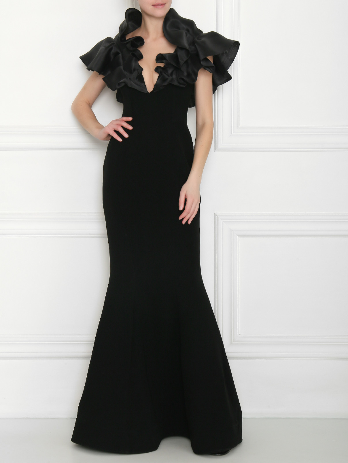 Платье макси, приталенное с объемными рукавами Gaby Charbachi  –  МодельОбщийВид  – Цвет:  Черный